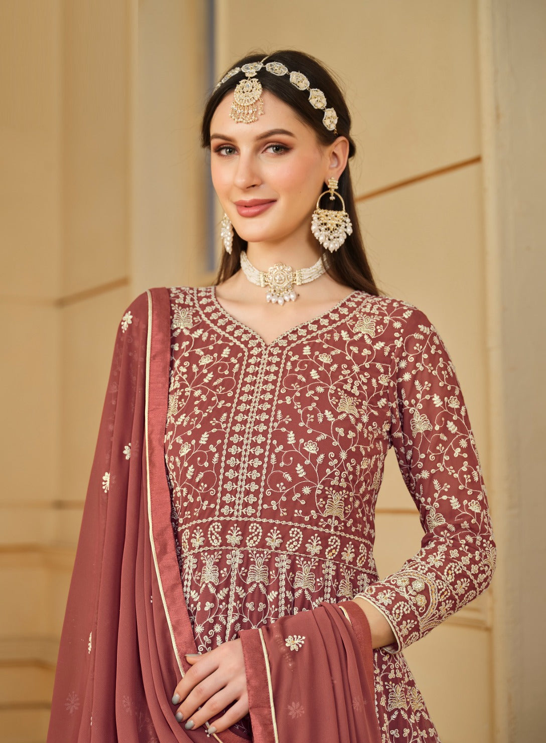 Statement-Making Rust Georgette Floor Length Suit Set
