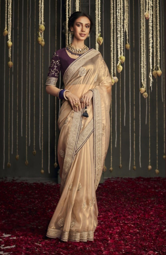 Fancy Peach And Purple Organza Silk With Embroidery Work Saree