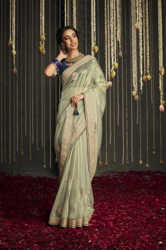 Sea Green And Teal Embroidery Work Boutique Saree