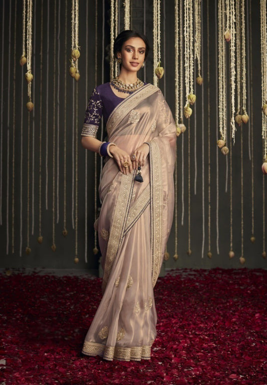 Fabulous Light Pink And Purple Organza Silk With Embroidery Saree