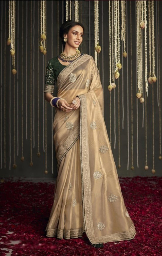 Beige And Green Organza Silk Saree With Embroidery Work