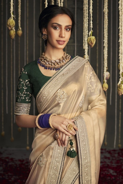 Beige And Green Organza Silk Saree With Embroidery Work