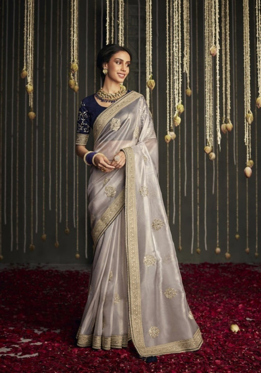 Designer Grey And Blue Organza Silk Boutique Style Saree