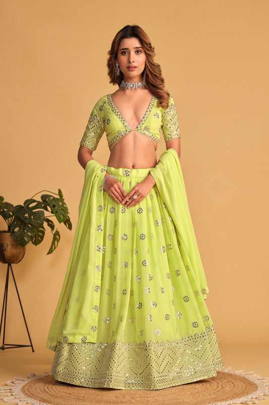 Stylish Lemon Green Georgette Lehenga Set