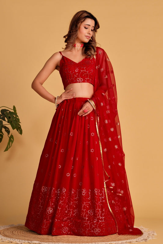 Attractive Maroon Georgette Stylish Lehenga Set
