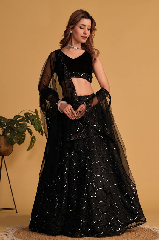 Gorgeous Black Organza Net Stylish Lehenga Set