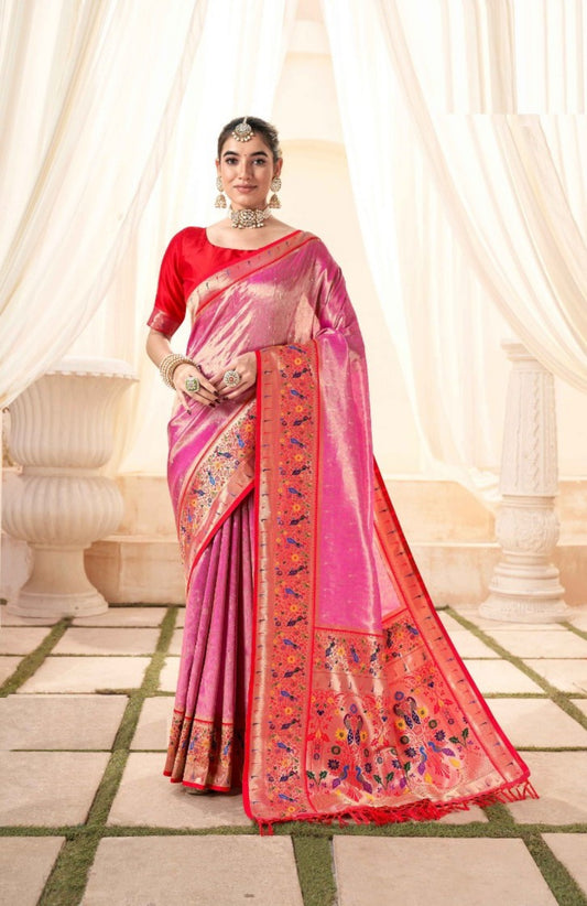 Iconic Pink And Red Paithani Silk Saree With Zari Border