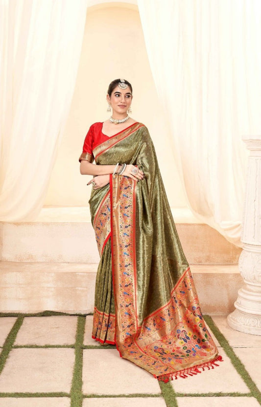 Sumptuous Green And Red Paithani Silk Saree With Zari Border