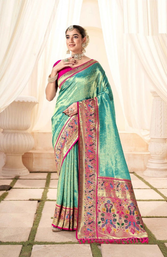 Statement-Making Teal And Pink Paithani Silk Saree With Zari Border
