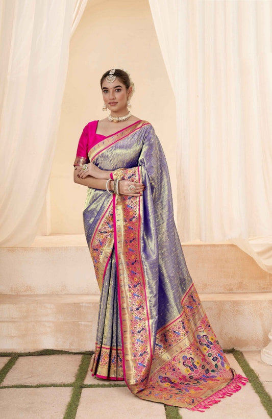 Couture Violet And Pink Paithani Silk Saree With Zari Border