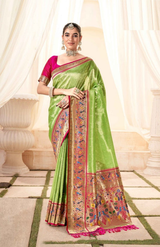 Tailored-To-Perfection Green And Pink Paithani Silk Saree With Zari Border