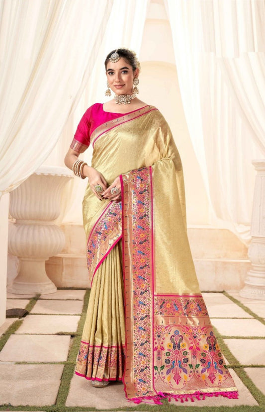 Lustrous Beige And Pink Paithani Silk Saree With Zari Border