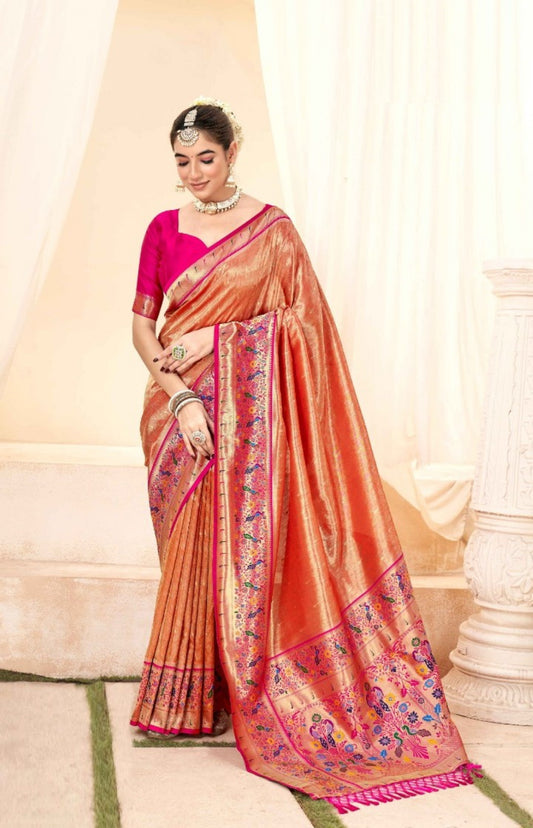 Avant-Garde Orange And Pink Paithani Silk Saree With Zari Border