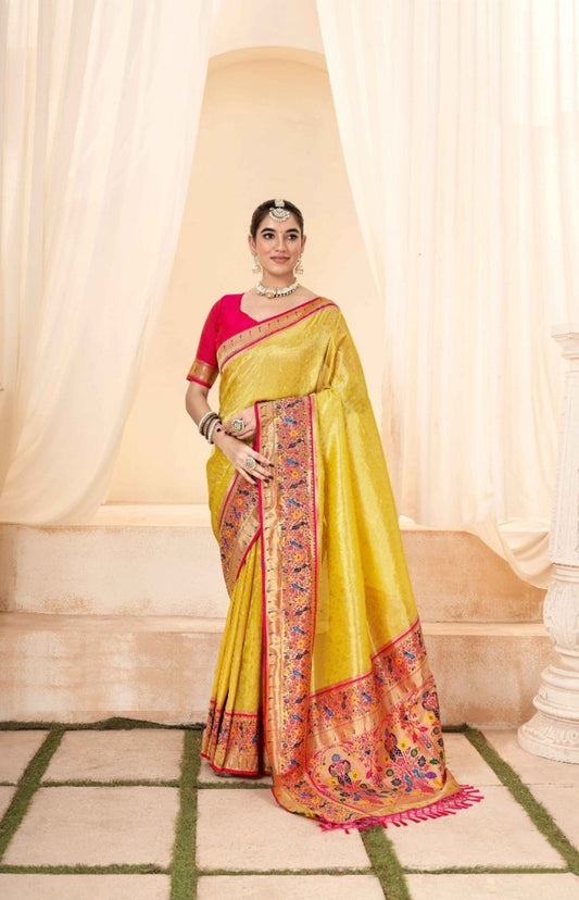 Amazing Yellow And Pink Paithani Silk Saree With Zari Border