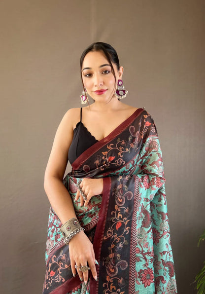 Women Sea Blue And Black Cotton Handloom Saree