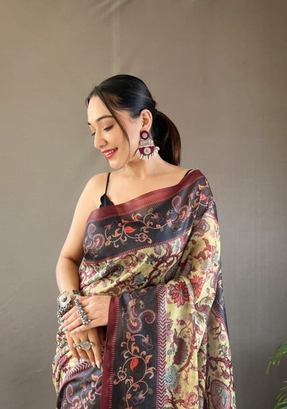 Women Light Yellow And Black Cotton Handloom Saree