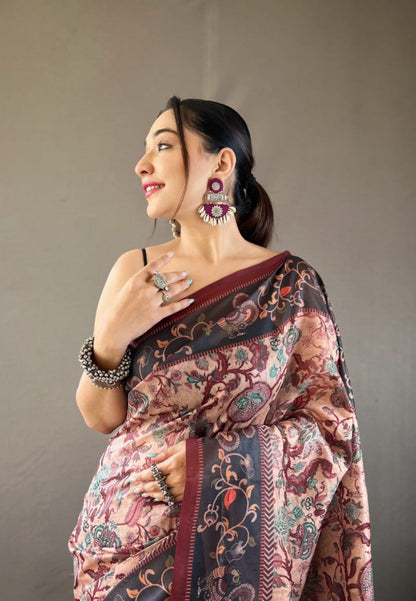 Women Coral And Black Cotton Handloom Saree
