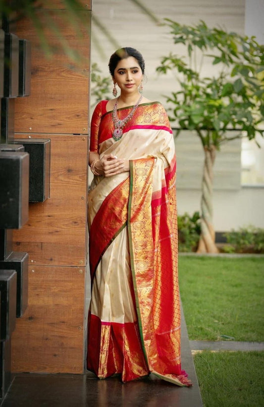 Women Beige And Pink Silk Golden Zari Work Saree