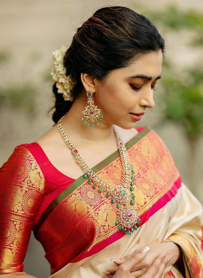 Women Beige And Pink Silk Golden Zari Work Saree