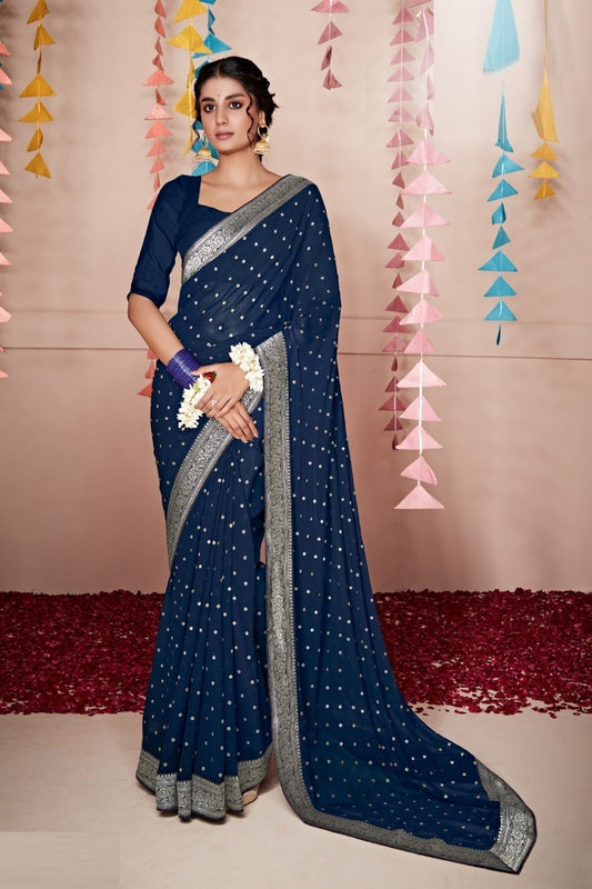 Designer Navy Blue Georgette Weightless Solid Saree