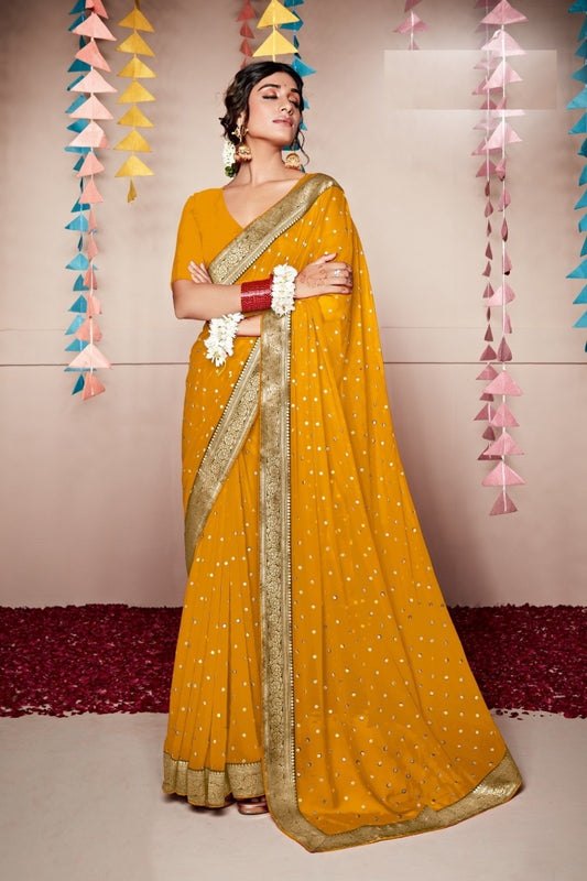 Women Mustard Georgette Weightless Solid Saree