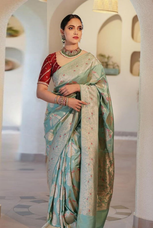Women Sea Green And Red Silk Banarasi  Saree