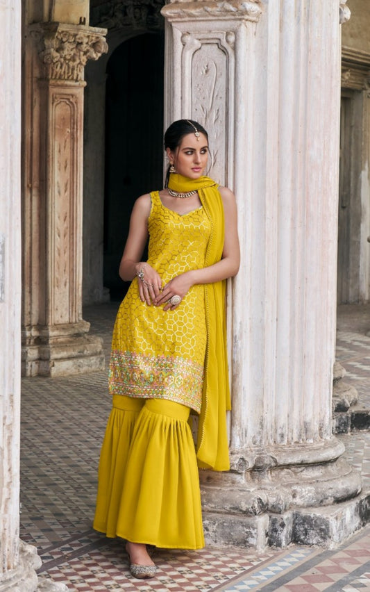 Sculpted Mustard Faux Georgette Sharara Suit Set