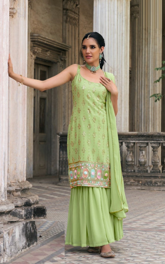 Iconic Sea Green Faux Georgette Sharara Suit Set