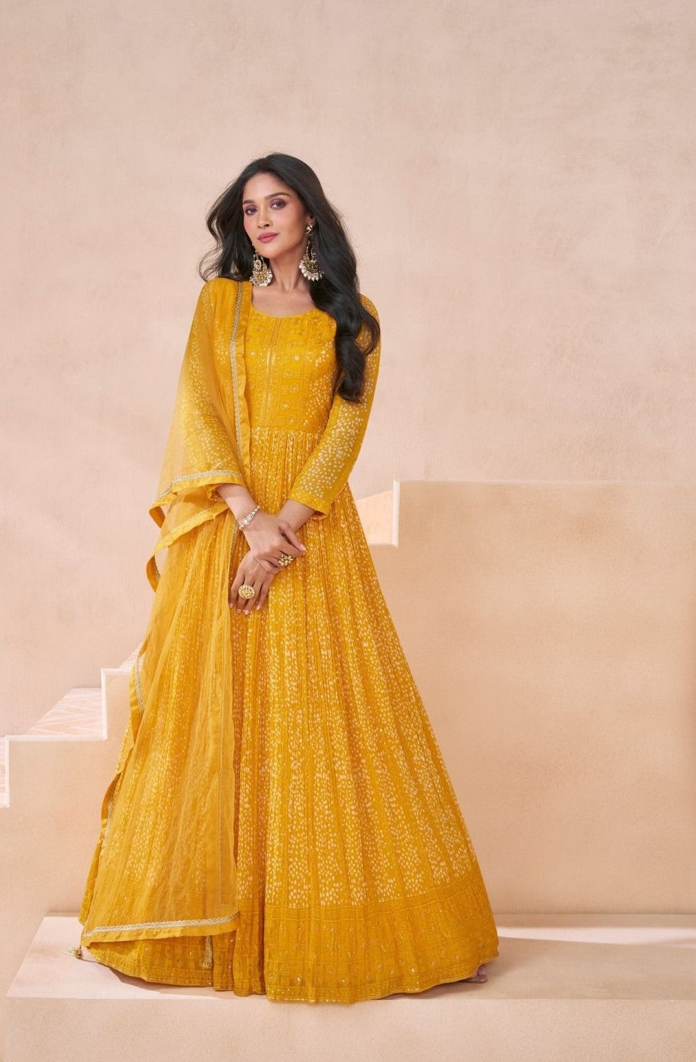 Mustard Georgette Gown With Dupatta