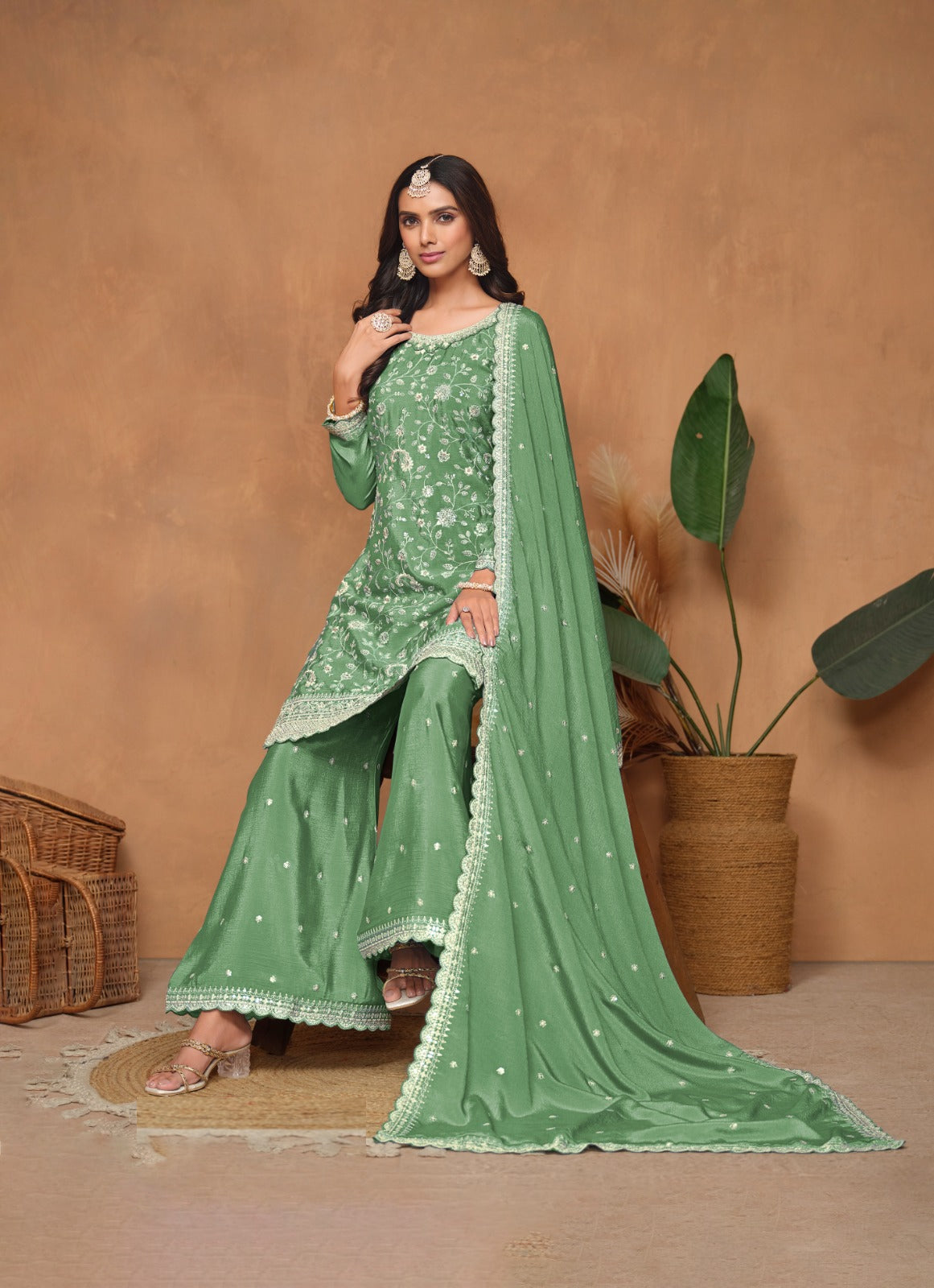 Styles Sea Green Chinon Palazzo Suit Set