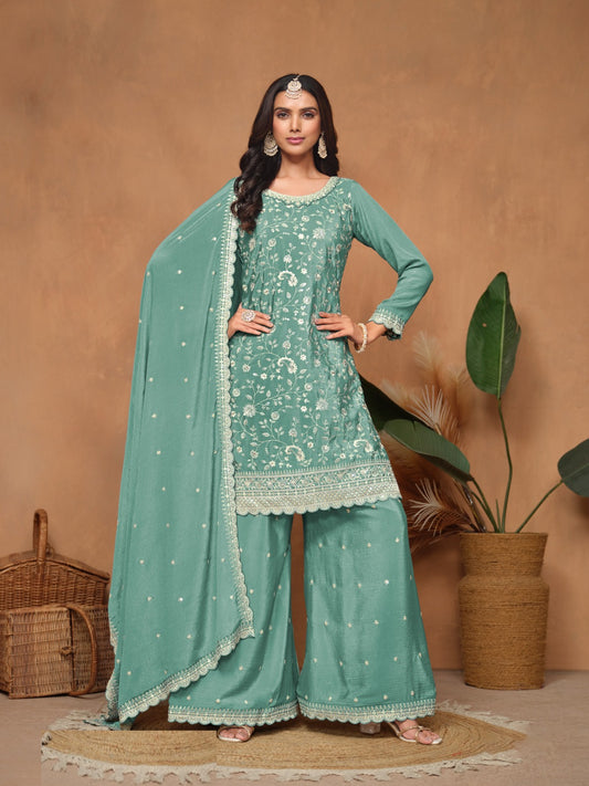 Stunning Sea Blue Chinon Palazzo Suit Set