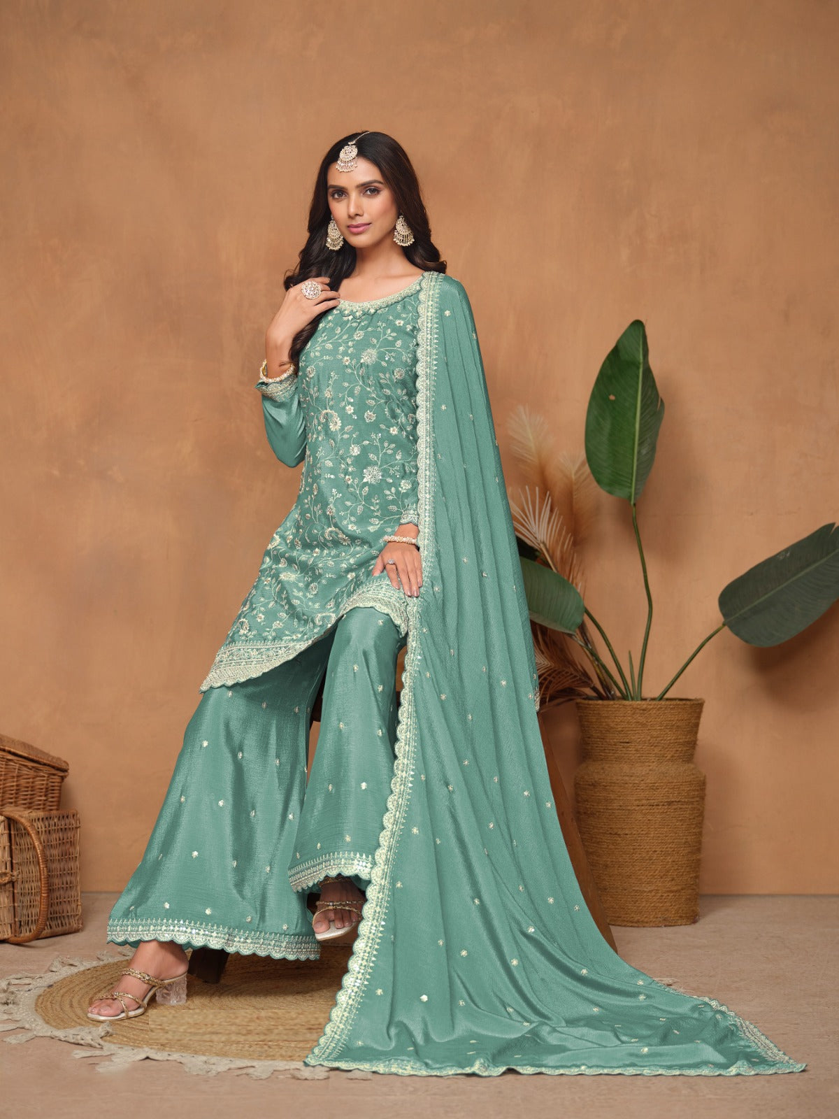 Stunning Sea Blue Chinon Palazzo Suit Set