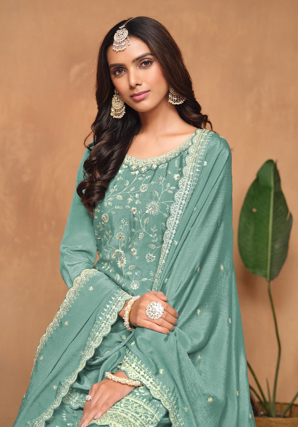 Stunning Sea Blue Chinon Palazzo Suit Set