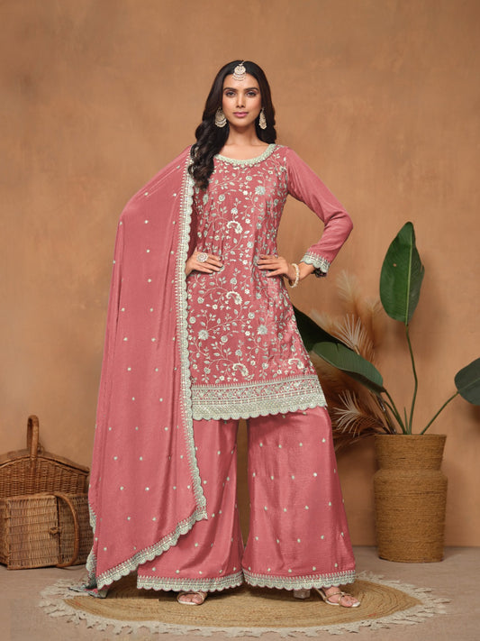 Fantastic Coral Chinon Palazzo Suit Set