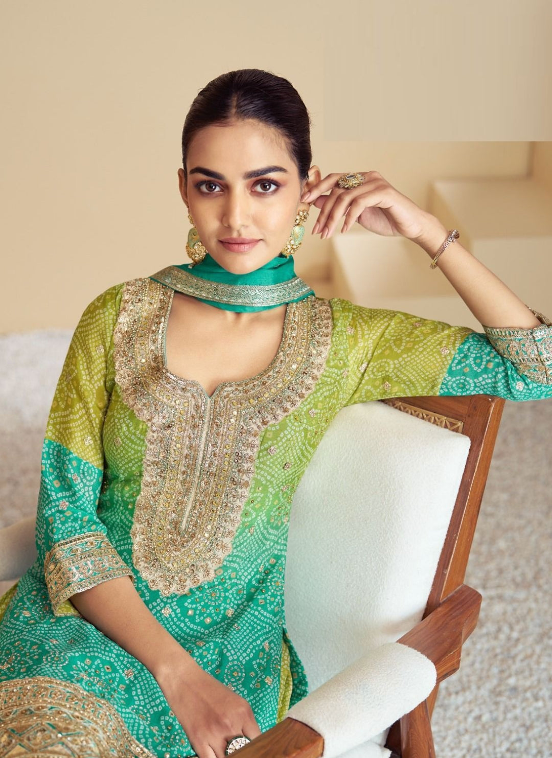 Women Green And Teal Chinon Embroidery Mirror And Zarkan Work Sharara Bottom Suit Set