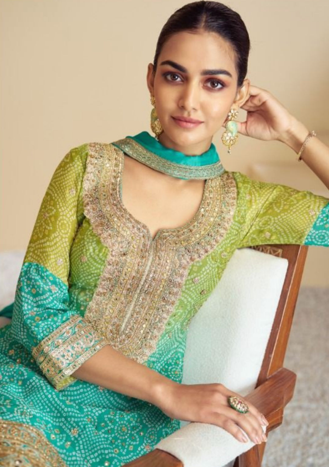 Women Green And Teal Chinon Embroidery Mirror And Zarkan Work Sharara Bottom Suit Set