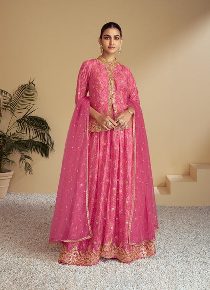 Women Pink Chinon Embroidery Mirror And Zarkan Work Sharara Bottom Suit Set