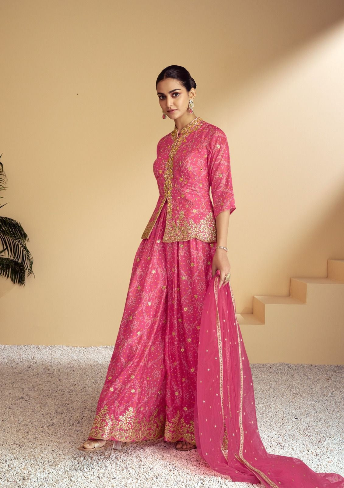 Women Pink Chinon Embroidery Mirror And Zarkan Work Sharara Bottom Suit Set