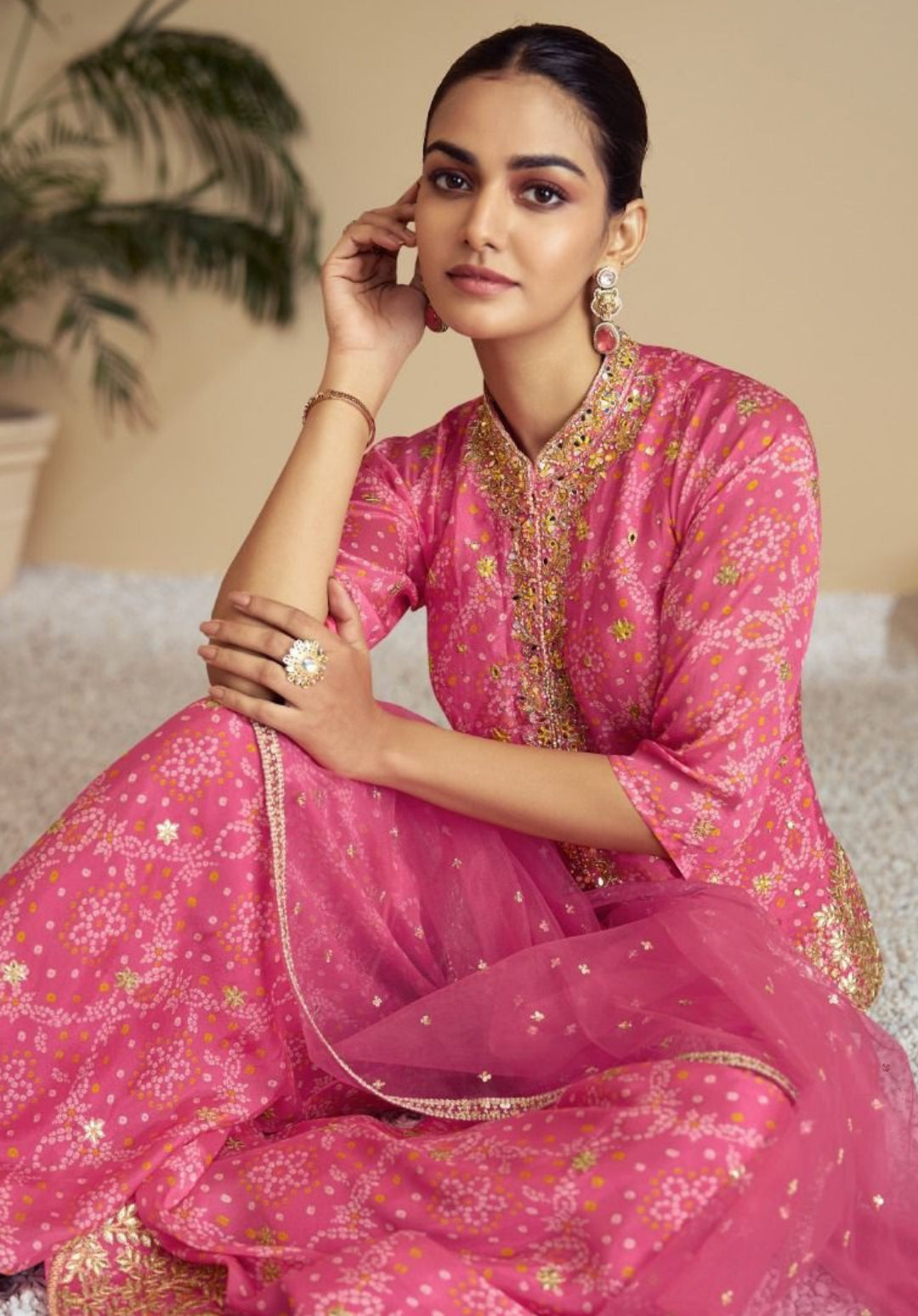 Women Pink Chinon Embroidery Mirror And Zarkan Work Sharara Bottom Suit Set