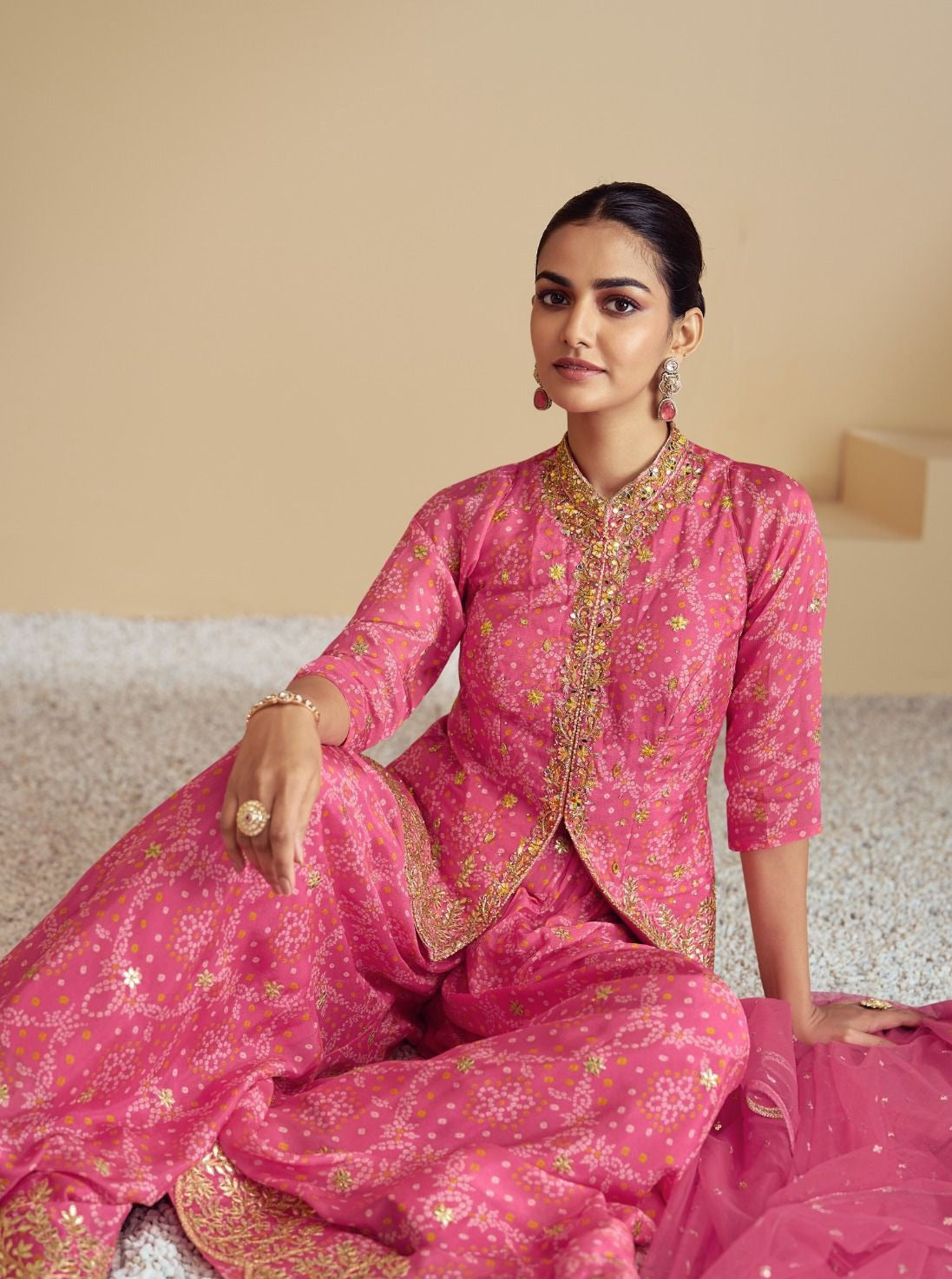 Women Pink Chinon Embroidery Mirror And Zarkan Work Sharara Bottom Suit Set