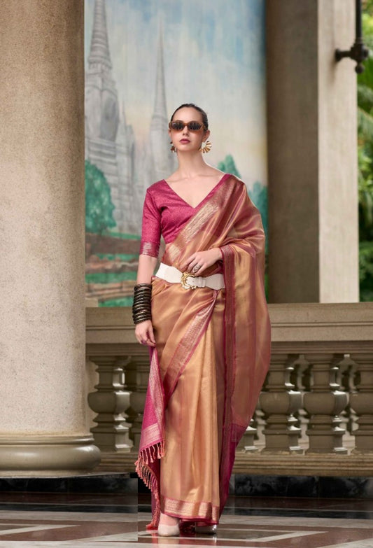 Stunnig Magenta Double Shade Tissue Saree