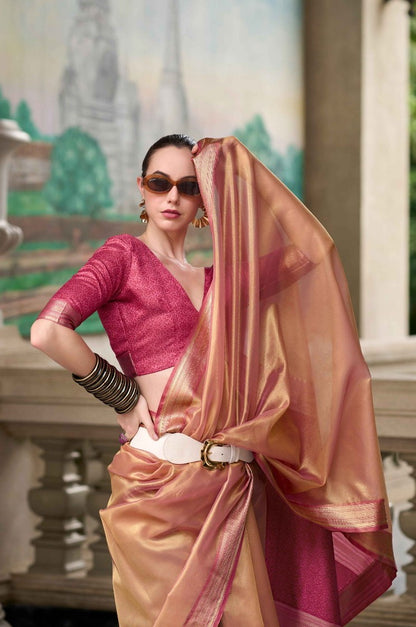 Stunnig Magenta Double Shade Tissue Saree