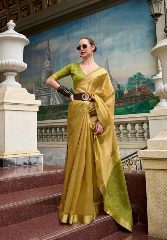 Women Green Solid Tissue Saree
