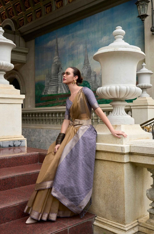 Women Beige And Grey Tissue Saree