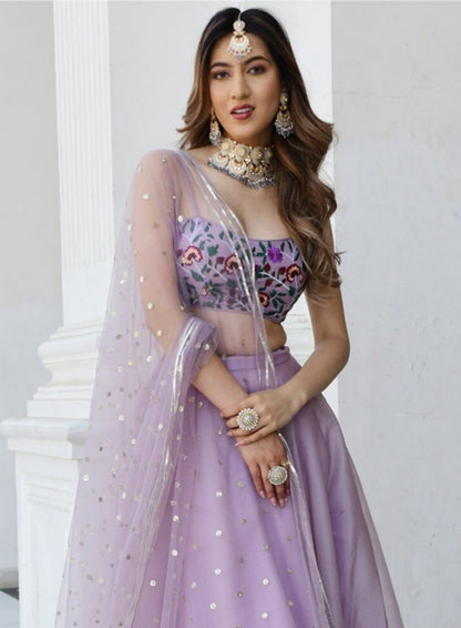 Women Lilac Organza Net Stylish Lehenga