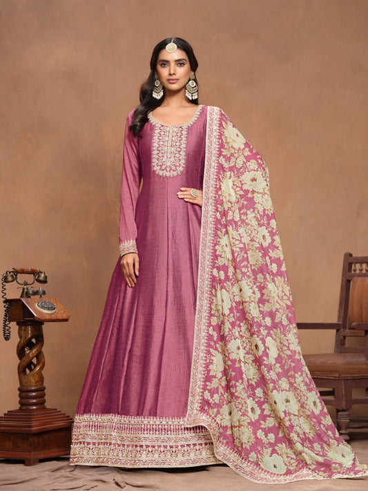 Beautiful Mauve Art Silk Floor Length Suit Set