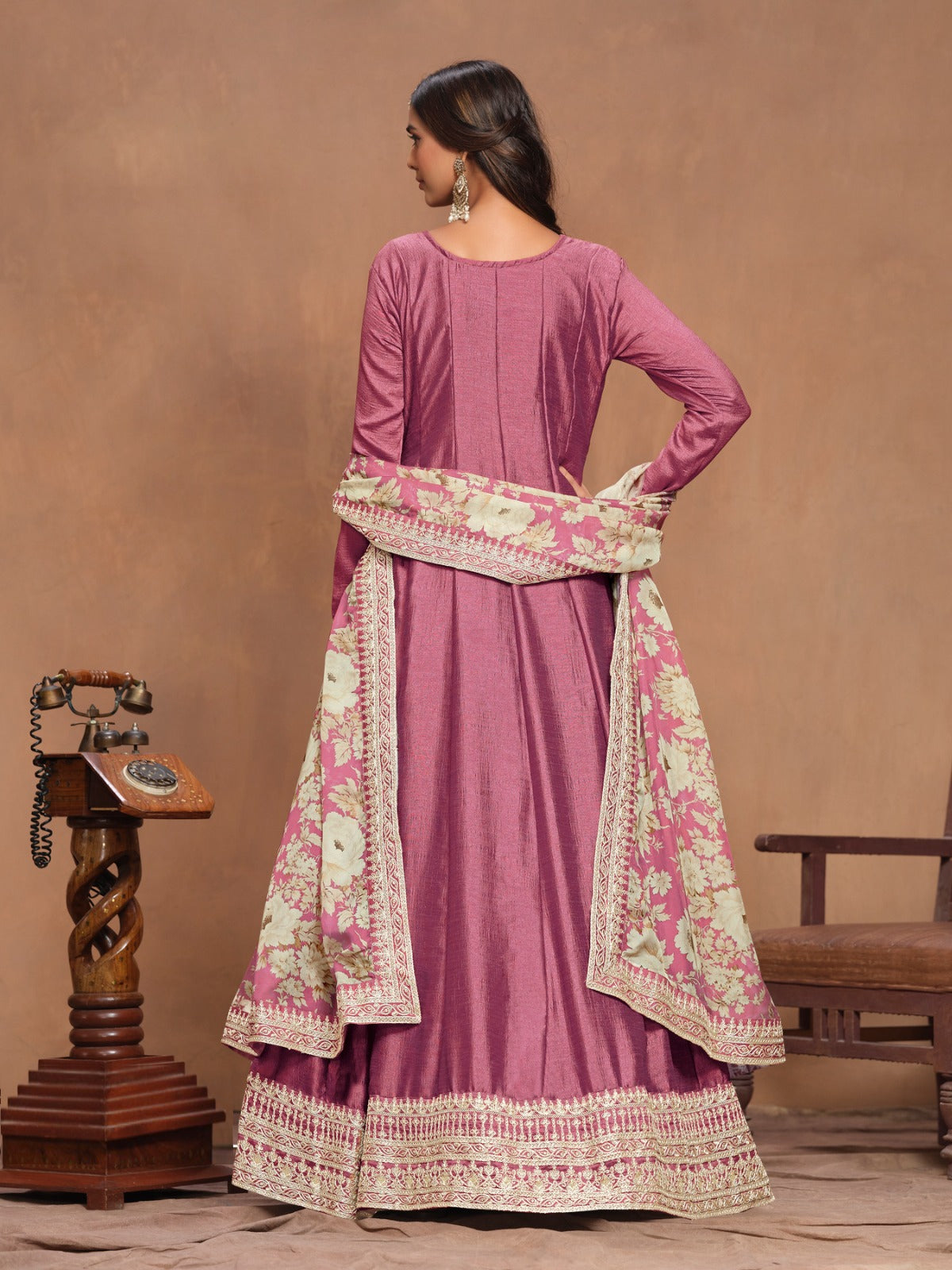 Beautiful Mauve Art Silk Floor Length Suit Set