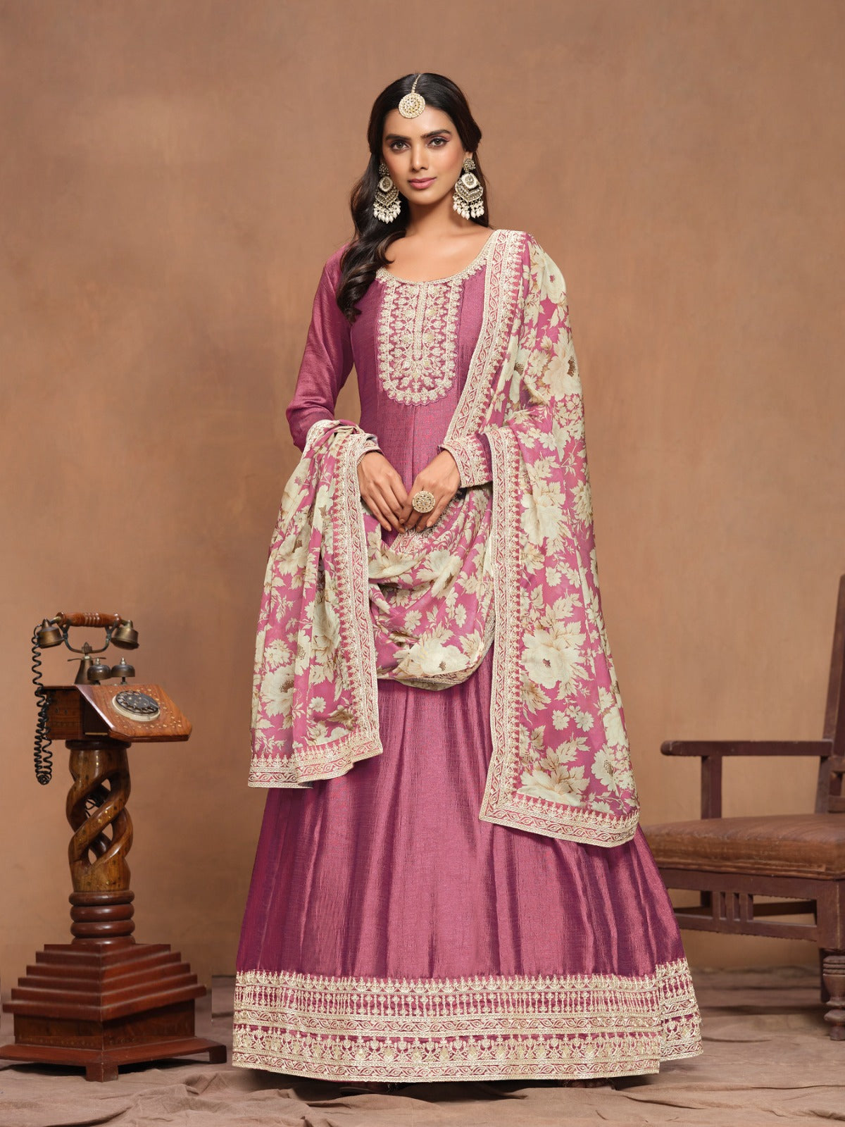Beautiful Mauve Art Silk Floor Length Suit Set