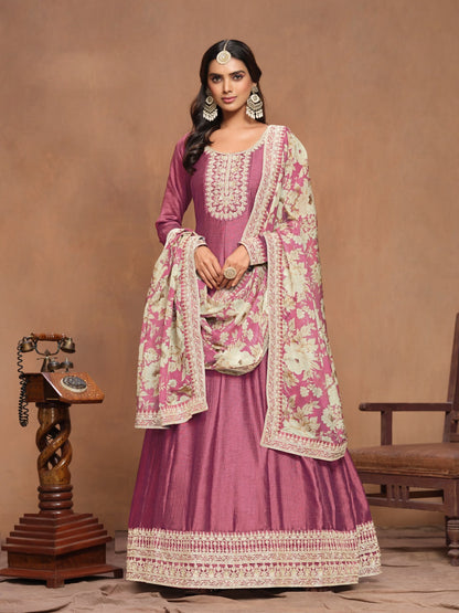 Beautiful Mauve Art Silk Floor Length Suit Set