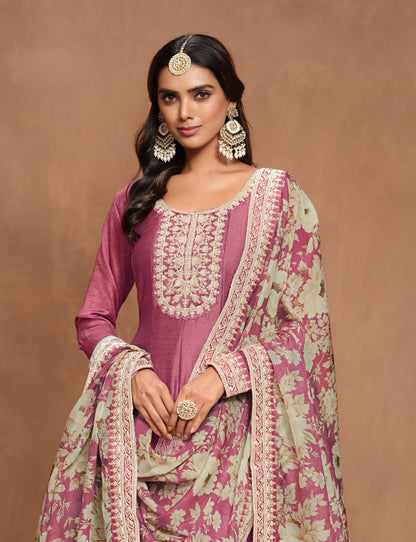 Beautiful Mauve Art Silk Floor Length Suit Set